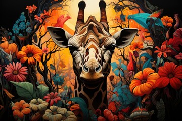 A painting of a giraffe surrounded by flowers. AI image.