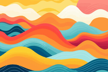 Sunrise over mountains quirky doodle pattern, wallpaper, background, cartoon, vector, whimsical Illustration - obrazy, fototapety, plakaty