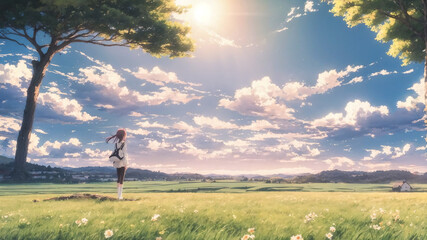 Fototapeta na wymiar anime girl on the meadow