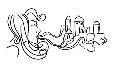 The girl smokes. A beautiful girl in profile exhales smoke in the form of houses. Linear style. Hand drawing.