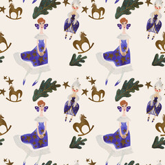 Watercolor seamless patern with girls, dolls and stars. Christmas wrapping paper. Children's toy. A Christmas gift. Raster illustration for packaging, greeting cards, gifts