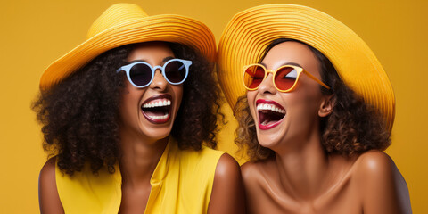 Portrait of two young women of different races laughing and having fun together on a yellow background - obrazy, fototapety, plakaty