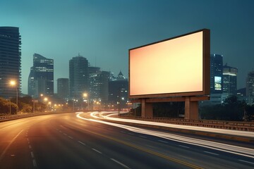 Blank sign on highway with city background with clipping path on screen - can be used for trade shows, promotional posters. Advertising concept
