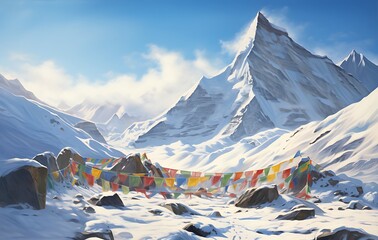Mountain landscape with colorful prayer flags. 3D render illustration.