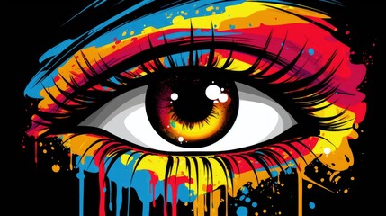 A close up of a person's eye with colorful paint. Pop art, ai image.