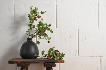 Hawthorn branches with red fruits in a black vase on a rustic wooden stool against a rough white...