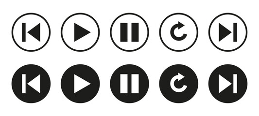 Button icons: play, pause, repeat, previous, next. A set of symbols for playback. multimedia icons. Set of multimedia icons. Player button icons black and white. Vector set of buttons for video player - obrazy, fototapety, plakaty
