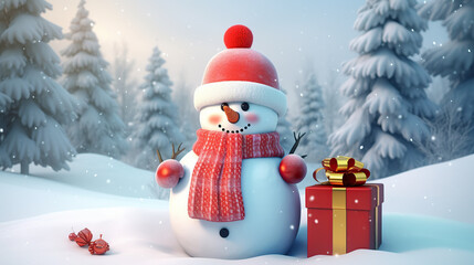 Obraz premium Snowman doll with Xmas tree and gift box decorations Christmas background, copy space