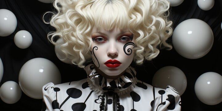 A woman with white hair and a clown make up. AI image.
