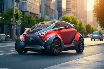 Small Compact Electric Car Navigating City Streets Created with Generative AI