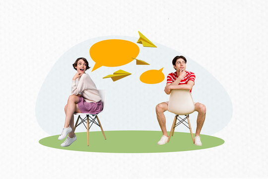 Artwork magazine collage picture of happy smiling couple sharing thoughts empty space isolated white color background