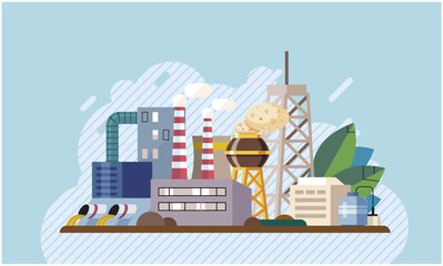 Obraz premium Air, water and soil pollution by industrial production, environmental contamination. Working plant, factory emitting smoke through chimneys, pouring toxic waste chemicals in river through pipes