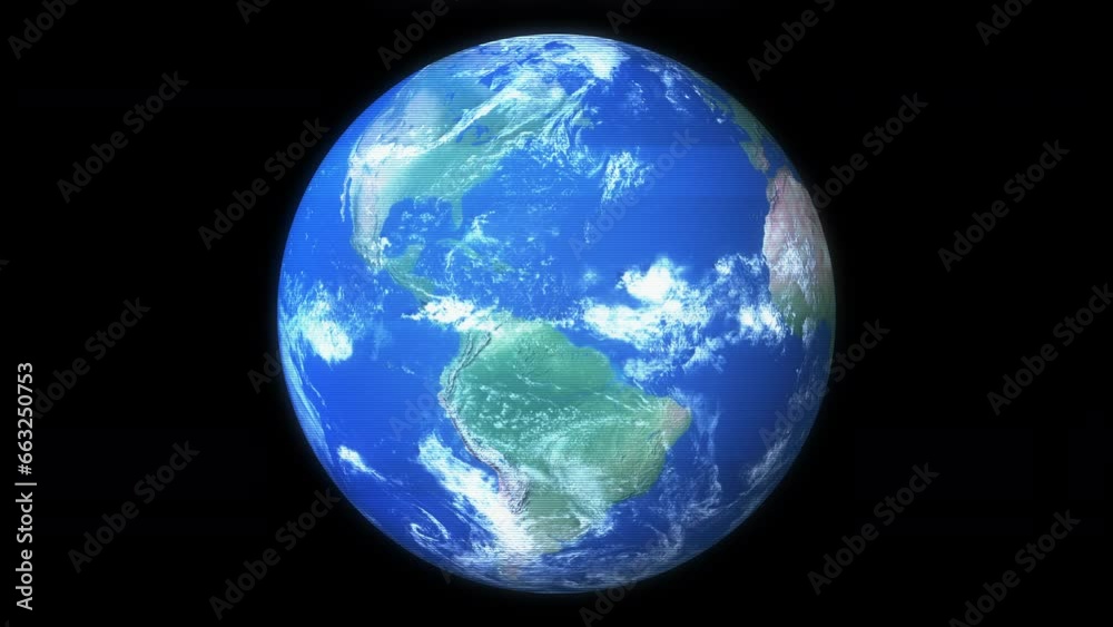 Sticker looping animation of a stylized holographic planet earth with digital glowing lines on a black backg