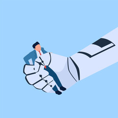 artificial intelligence robot hand grasps a person, a metaphor of racing with artificial intelligence. Flat conceptual illustration.