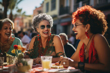 Lebensfrohe ältere Frauen feiern ausgelassen auf Straßenfest - Spaß, Glück und Freude bei Cocktails und Drinks bei einer Party - obrazy, fototapety, plakaty