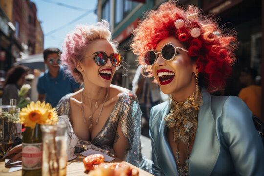 Zwei Frauen in extravaganten Outfits genie&szlig;en ausgelassene Sonnenschein-Party mit Cocktails und Freude im Caf&eacute;