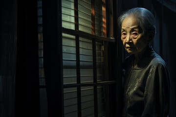 Fototapeta na wymiar Lonely asian chinese senior woman standing in the dark behind the window looking