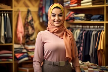 Fototapeta premium Portrait of a beautiful young muslim woman with hijab in a clothing store