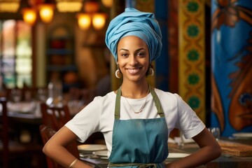 muslim woman in apron and turban at restaurant - obrazy, fototapety, plakaty