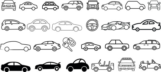 Car Vector Illustration, Automobile Collection, Vehicle Icons, Transportation Clipart, vector illustration of cars from different eras and styles, sedan, sports car, SUV, minivan, and pickup truck.