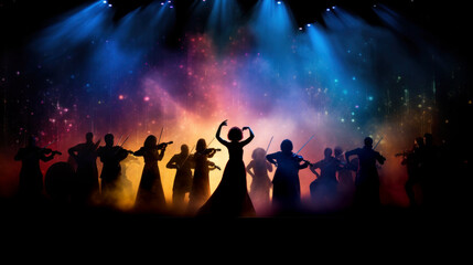 Fototapeta na wymiar Orchestra performing in cloud colorful dust. Music day banner with musician and musical instrument on stage colorful dust background. Music event, concert classical music, symphony, colorful design