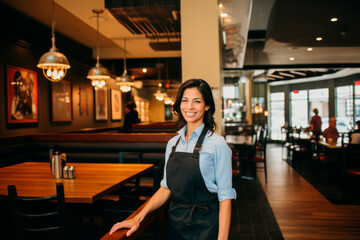 Portrait of a young waitress standing in a restaurant and smiling.