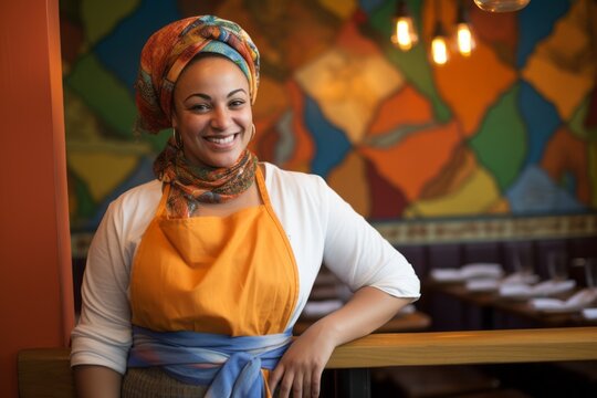 Portrait of smiling muslim woman with headscarf in restaurant