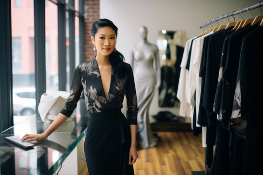 Portrait of beautiful asian woman in black dress in fashion store