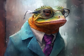 Humorous and imaginative artwork: a lizard wearing spectacles and a colorful coat. Generative AI