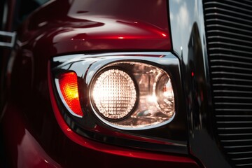 Closeup view of a red semi truck headlight. Generative AI