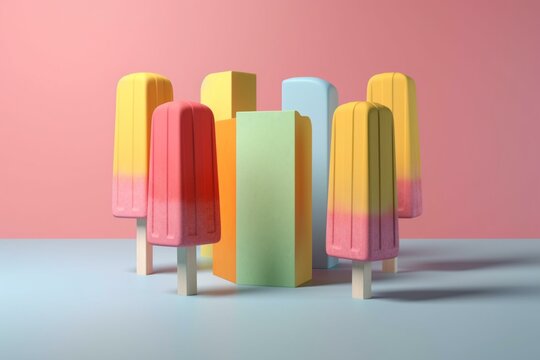 Vibrant ice cream popsicles on a clean white background, featuring minimalistic geometric forms. A trendy and refreshing summer dessert. 3D rendered image. Generative AI