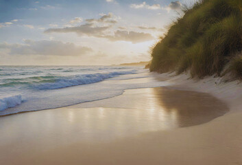 A Serene beach scene with the sun rising over the horizon.