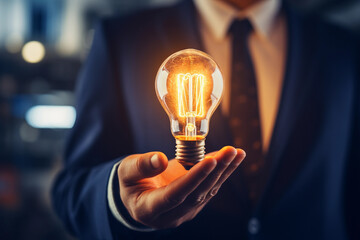 businessman holding a light bulb - obrazy, fototapety, plakaty