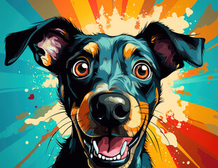 multicolored background with the image of a hungry dog, with funny facial expressions. Generative AI