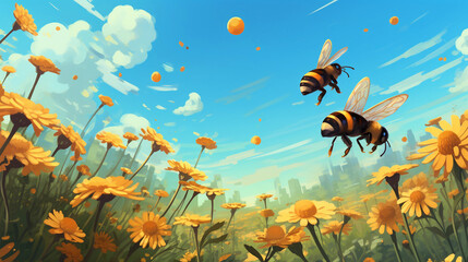 a lot of bumblebees flying around in a forest at summertime