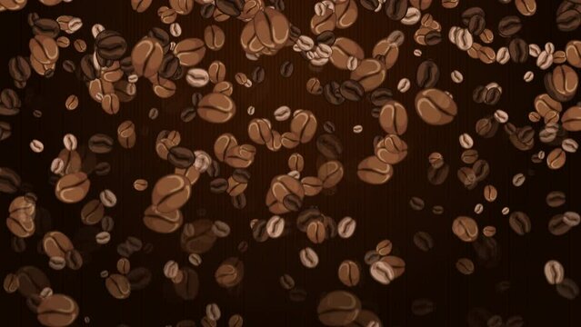 Dark brown background with coffee beans. Painted technique of icons. Coffee beans of different roasts falling down. Looped background.
