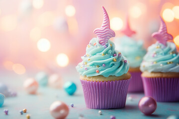 mermaid themed birthday party: mermaid shell pastel color cupcakes on a pastel bokeh background