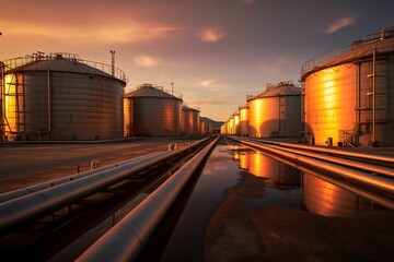 Obraz premium oil storage tanks in a refinery, connected by a maze of pipelines and valves, illuminated under the warm glow of the setting sun