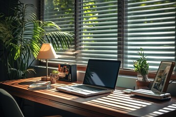 Fototapeta premium Wooden desk with laptop and chair in a room with potted plants. Beautiful shadow on the desk. Remote work concept.