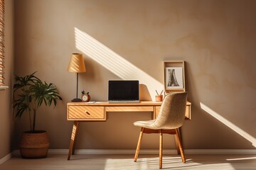 Desk with laptop and chair in a room with potted plants. Beautiful shadow on the wooden wall. Remote work concept.