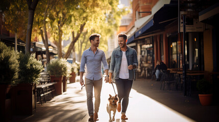 Fototapeta na wymiar Dos chicos de 30 años del colectivo LGTBI paseando con su pequeño perro por la ciudad