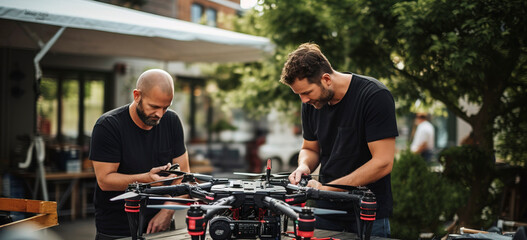 dos técnicos trabajando en un dron para filmación  - obrazy, fototapety, plakaty