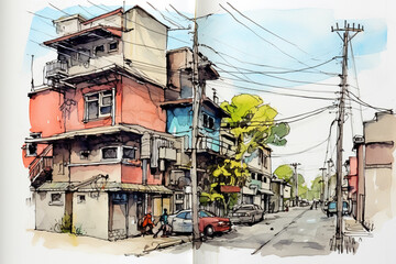 Watercolor sketching of urban on old paper.