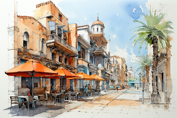 Fototapeta premium Watercolor sketching of urban on old paper.