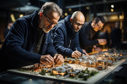 Architect making a house model. Male and female architect working in the office. Holding the part of the model while thinking about concepts of building and construction