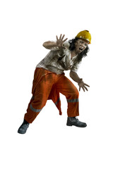 Fototapeta premium A scary construction worker zombie with blood and wounds on his body walking