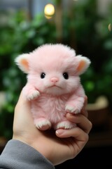 A person holding a pink stuffed piglet animal in their hand. AI image.
