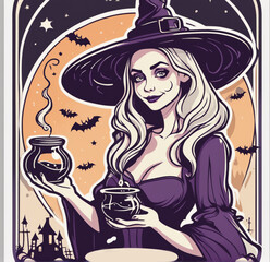 Halloween sticker or card with beautiful spooky witch with potion in hands