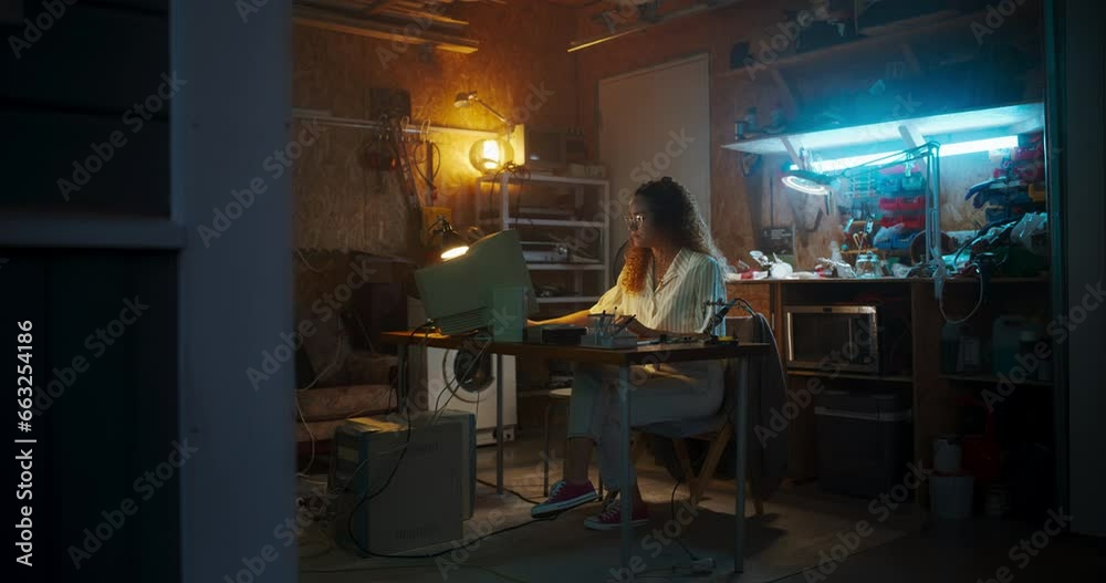Poster wide shot of hispanic female engineer using old computer in nineties retro garage in the evening. in