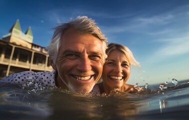 Portrait of senior couple swimming in the ocean on a sunny day